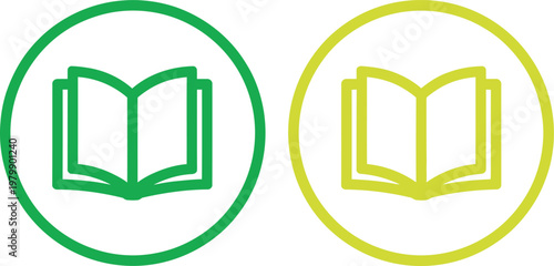 Two green circular icons featuring open book symbols for educational apps and library user interfaces