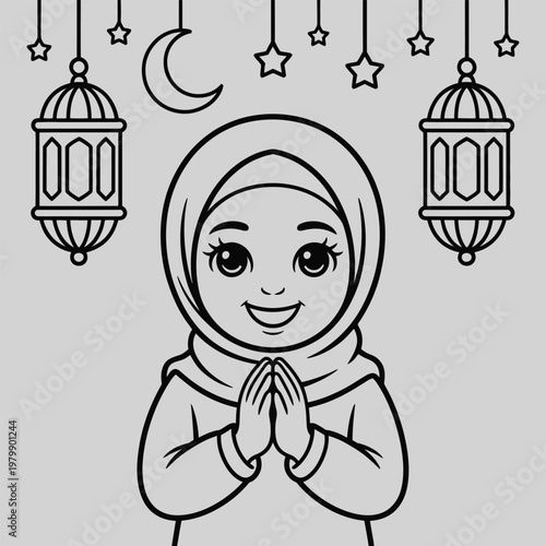 A smiling muslim girl with lanterns and celestial decorations above