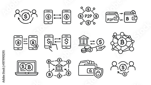 Fintech and Digital Payment Line Icons Set – Banking, Transactions and Cryptocurrency Collection