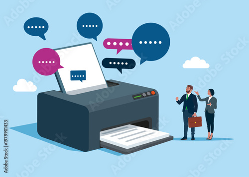 Office laser printer with speech bubbles. Discussion, conversation, meeting, team communication. Flat vector illustration