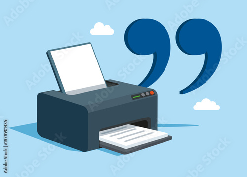 Office laser printer with quotation marks. The names of newspapers, magazines, books, works of art, theaters. Flat vector illustration
