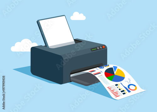 Color inkjet printer. Prints marketing team analyze graph and chart. Data analytics, business graph, diagram for optimization. Flat vector illustration