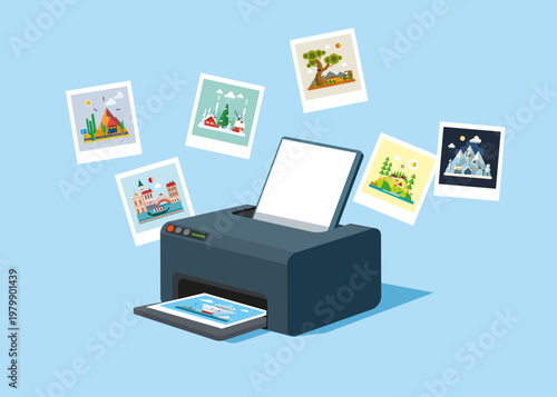 Color inkjet printer. Prints travel photos. Computer hardware, office electronic device for printing documents. Flat vector illustration