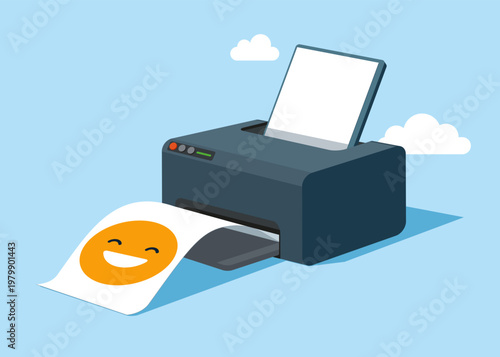 Color inkjet printer. Prints smiling emoticon. Positive thinking business people. Flat vector illustration
