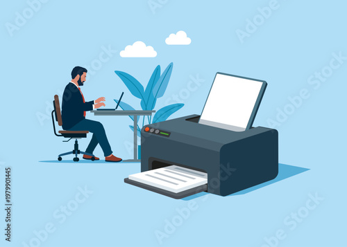 Businessman using modern printer in office. Printing documents. Laser printer connected to laptop by WiFi network. Computer hardware, office electronic device for printing documents. Vector 