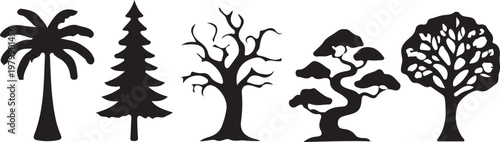 Silhouettes of various trees against a stark white background