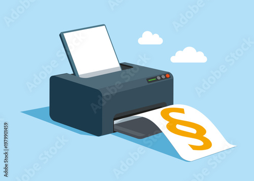 Color inkjet printer. Prints paragraph. Legal problems concept. Computer hardware, office electronic device for printing documents. Flat vector illustration