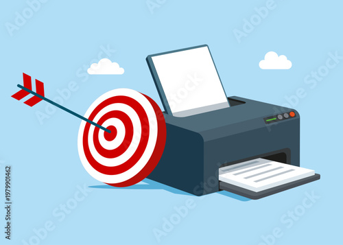 Office laser printer with target and dart. Business strategy. Inkjet printer has passed quality testing. Printout and paper copy device, Multifunctional gadget. Flat vector illustration