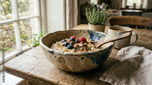 Rustic oatmeal breakfast with berries