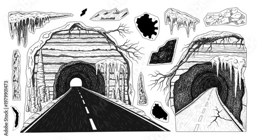 Tunnel road leading to light in a rocky landscape illustration.