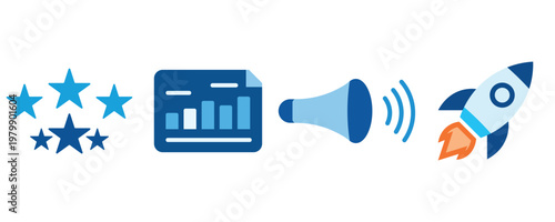Digital icons representing success data communication and rapid progress