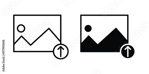 Upload photo icon. Flat and outline icons. Black icons