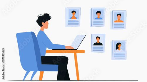 Flat vector illustration of an HR manager reviewing candidate profiles on a laptop, suitable for recruitment websites or business presentations.