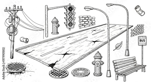 Urban Street Elements Collection Hand Drawn Sketch.