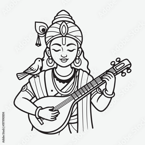 Black and white Hindu god Krishna playing music with bird simple kids coloring page vector