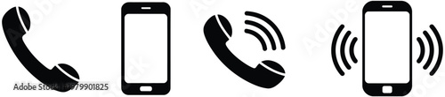 Ringing phone icon set, incoming call alert symbol collection, telephone notification and communication ringing sound concept, mobile call interface vector