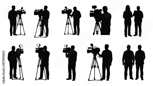 A collection of black silhouettes depicting people operating professional video cameras on tripods and interacting high quality detailed modern elegant stylish