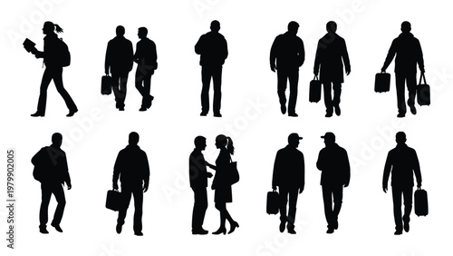 A collection of black silhouette figures depicting diverse people walking interacting and carrying briefcases or bags high quality professional detailed modern
