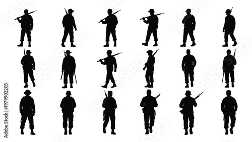 A collection of silhouetted figures depicting soldiers or security personnel in various stances with rifles high quality professional detailed modern elegant