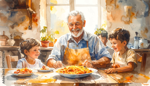 Watercolor Illustration of a Cheerful Italian Grandfather Sitting at a Wooden Table Vector Graphic