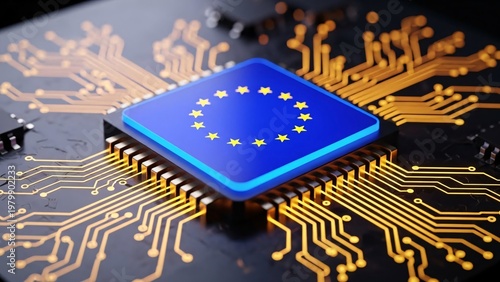 Futuristic European Union digital technology chip with circuit board design symbolizing innovation and digital transformation in Europe