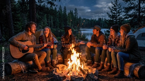 A group of five friends sits around a crackling campfire at night. They are playing acoustic guitar and singing, while holding bottles of beer.