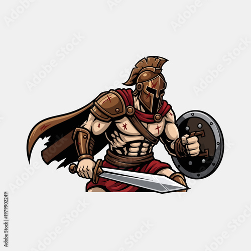 Fierce Spartan Warrior with Sword and Shield in Dynamic Pose.