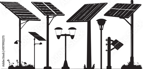 Solar powered street lamps on transparent background silhouette icon vector
