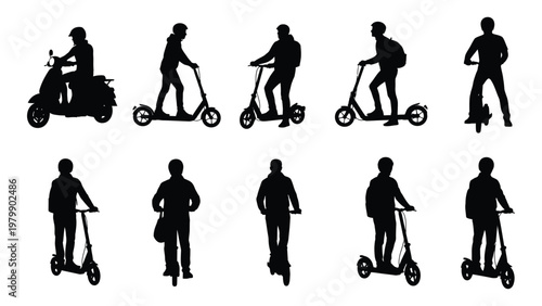 A collection of black silhouettes depicts people using various forms of personal transportation including scooters and mopeds high quality professional detailed
