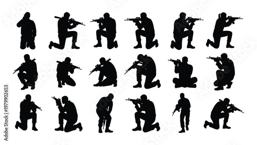 A collection of silhouetted figures kneeling and aiming firearms representing soldiers or tactical operatives in action high quality professional detailed modern