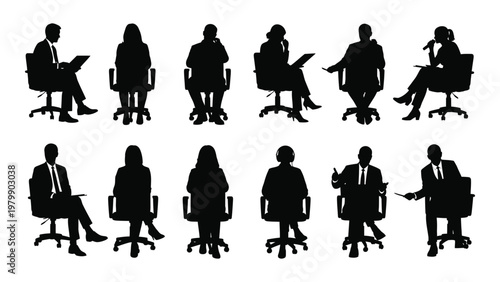 A collection of black silhouette figures depicting diverse business people seated in office chairs engaged in various activities high quality professional