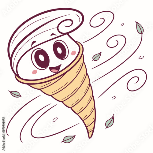 Cute ice cream cone character, cartoon dessert illustration, sweet treat, colorful vector graphic