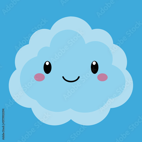 Cute cloud character, smiling face icon, blue cartoon cloud, vector illustration