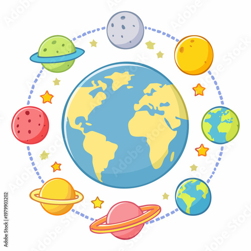 Cartoon planets and earth orbiting in space illustration.