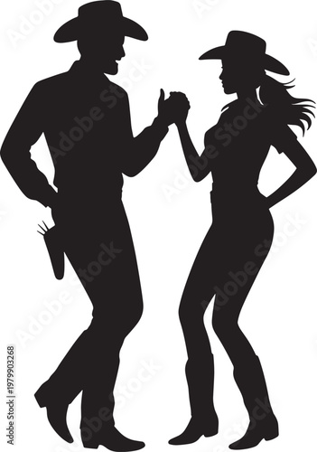 Silhouetted Cowboy Couple Dancing Western Romance Illustration