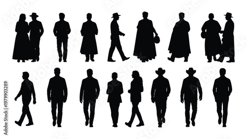 A collection of black silhouettes depicts a diverse group of people in various poses and historical clothing styles high quality professional