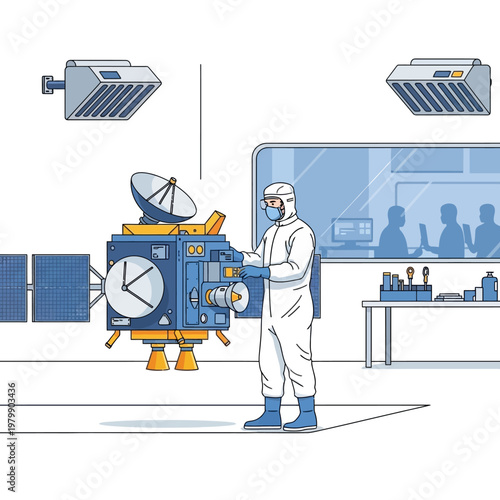 Scientist in Hazmat Suit Assembling Space Satellite in Cleanroom Laboratory