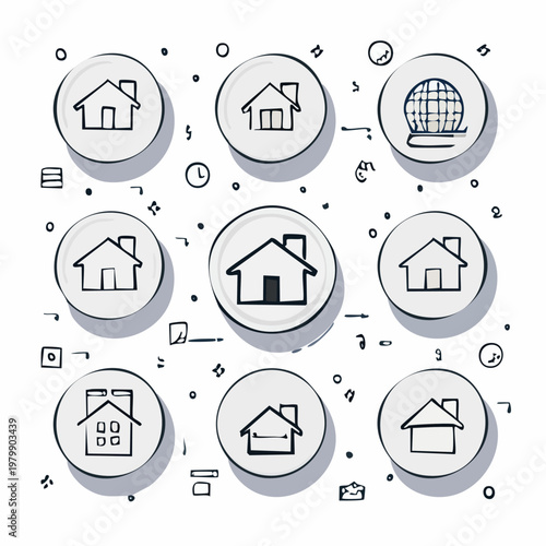 Collection of house icons and symbols on white circles.