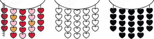 Featuring hanging heart garland silhouette & Outline and illustration set isolated on transparent background