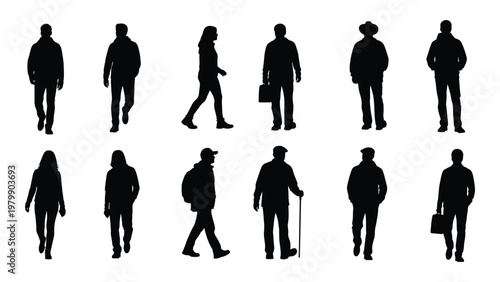 A collection of twelve black silhouettes depicts diverse people walking standing and carrying items on a plain background high quality professional