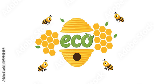Eco friendly logo with bees and honeycombs on white background
