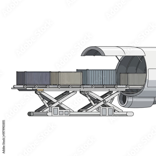 Airplane cargo loading with lift platform and containers, logistics and freight transport