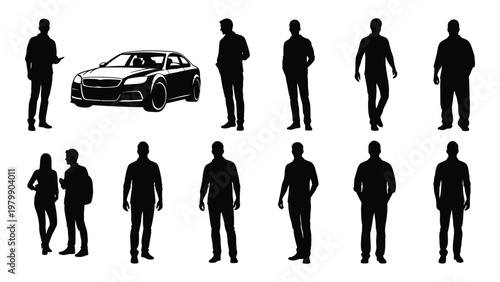 A collection of black silhouette figures including people and a modern sports car arranged against a plain white background high quality