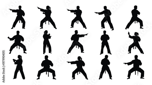 A collection of silhouetted figures demonstrating various martial arts stances primarily focused on karate and related styles high quality professional detailed