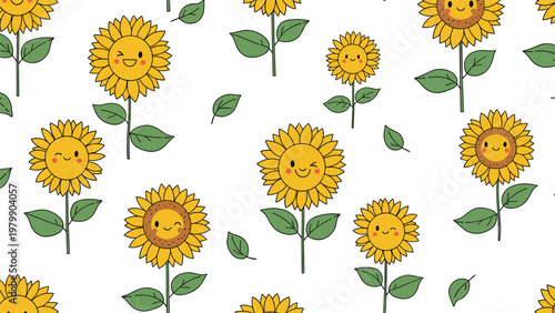 Kawaii sunflower pattern featuring cheerful yellow flowers with cute smiling faces and green leaves on a white background for summer decor.