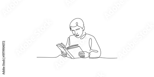 A man sitting and reading a book in a simple one line drawing style art