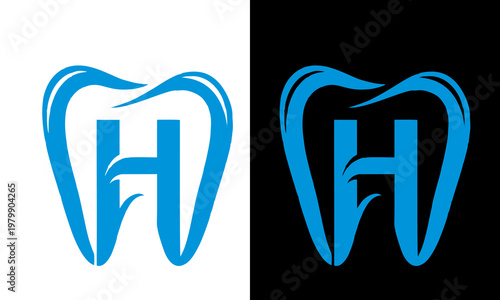 Dental logo design features stylized tooth and letter H on white and black backgrounds