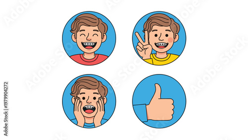 Teenager boy with dental braces showing different facial expressions and hand gestures like peace sign and thumbs up in circular icons.