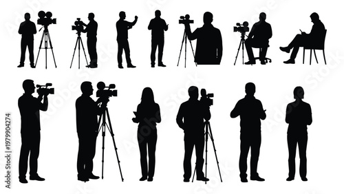 A collection of black silhouettes depicting various camera operators and videographers at work showcasing film production roles high quality professional detailed