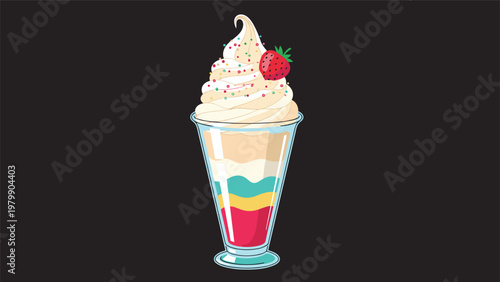 Delicious sundae or milkshake in a tall glass topped with whipped cream, colorful sprinkles, and a fresh red strawberry on a black background.